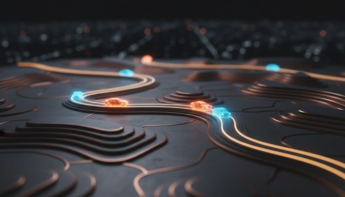 Carte 3D avec voitures sur routes lumineuses Carte 3D avec voitures sur routes lumineuses